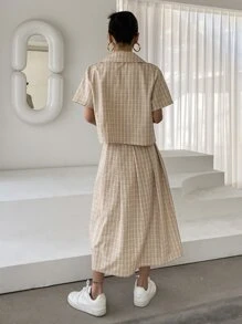 DAZY Plaid Single Button Blazer & Pleated Skirt - Yellow - View 2