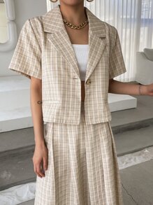 DAZY Plaid Single Button Blazer & Pleated Skirt - Yellow - View 3