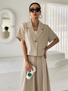 DAZY Plaid Single Button Blazer & Pleated Skirt - Yellow - View 5