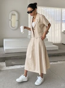 DAZY Plaid Single Button Blazer & Pleated Skirt - Yellow - View 6