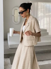 DAZY Plaid Single Button Blazer & Pleated Skirt - Yellow - View 7