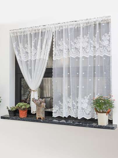 ستارة الباب البيضاء بجيوب القضيب وزخرفة الدانتيل ونمط الزهرة، معالجة شباك البوليستر شفافة ورومانسية لغرفة المعيشة وغرفة النوم وتزيين الأبواب
