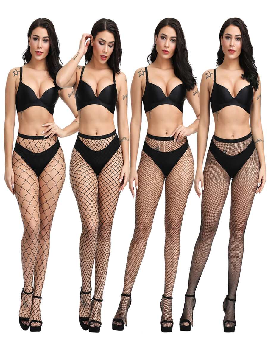 4雙素色漁網褲襪 - 黑色 - 查看 1