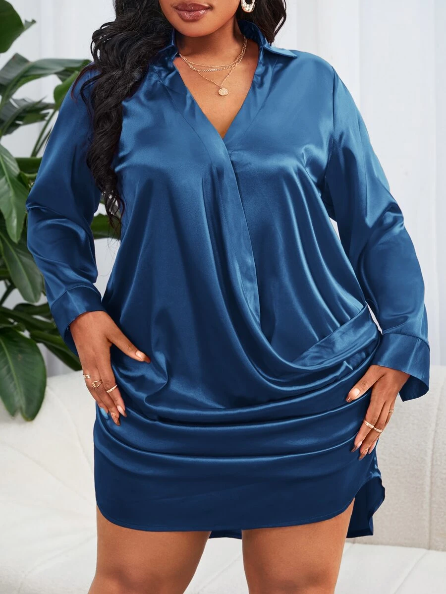 Slaydiva Plus Ruched Side High Low Hem Satin Dress - Royal Blue - View 1