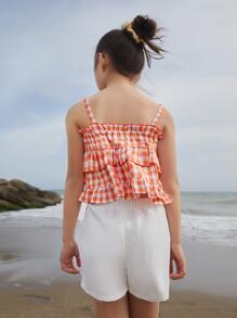 SHEIN Girls Gingham Appliques Ruffle Trim Layered Hem Crop Cami Top & Shorts - Multicolor - View 2