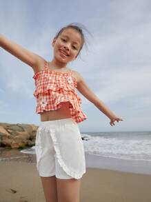 SHEIN Girls Gingham Appliques Ruffle Trim Layered Hem Crop Cami Top & Shorts - Multicolor - View 3