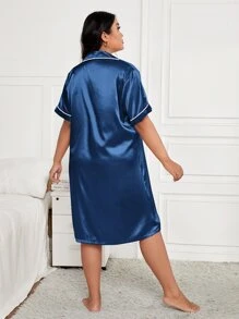 Plus Contrast Piping Satin Nightdress - Blue - View 2