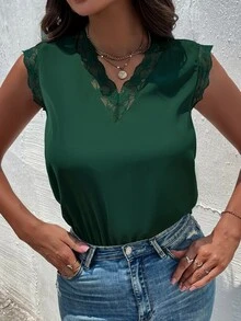 SHEIN Clasi Women Bodysuits Kontras Lace Plain Anggun - Dark Green - View 3