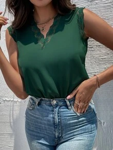 SHEIN Clasi Women Bodysuits Kontras Lace Plain Anggun - Dark Green - View 4