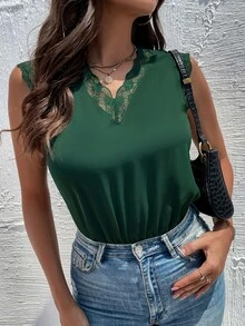 SHEIN Clasi Women Bodysuits Kontras Lace Plain Anggun - Dark Green - View 5