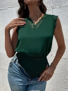 SHEIN Clasi Women Bodysuits Kontras Lace Plain Anggun - Dark Green - View 6