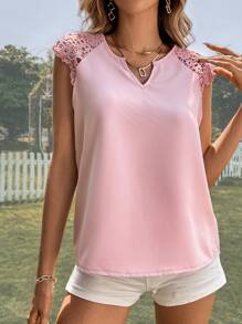 SHEIN Clasi Contrast Lace Notched Neck Blouse - Dusty Pink - View 4