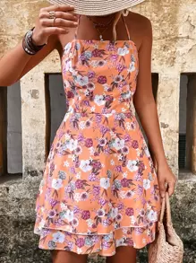 Aveloria Random Allover Floral Print Halter Neck Backless Knot Layered Hem Dress - Multicolor - View 3