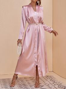 Al Najma 肩部抽褶緞面阿拉伯罩袍不附腰帶 - 粉色 - 查看 3