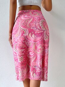 SHEIN VCAY High Waist Paisley Print Skirt - Pink - View 2