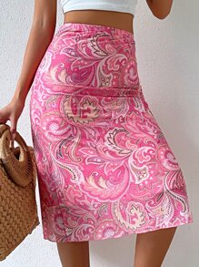 SHEIN VCAY High Waist Paisley Print Skirt - Pink - View 4