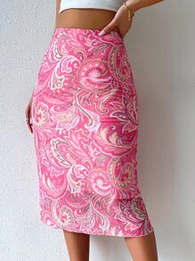SHEIN VCAY High Waist Paisley Print Skirt - Pink - View 6