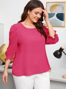 SHEIN Clasi 大碼素色荷葉袖襯衫 - 玫紅色 - 查看 4