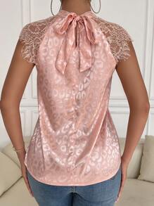Chiquease Leopard Jacquard Contrast Eyelash Lace Tie Back Satin Blouse - Dusty Pink - View 2