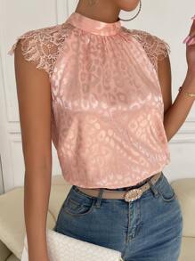 Chiquease Leopard Jacquard Contrast Eyelash Lace Tie Back Satin Blouse - Dusty Pink - View 4