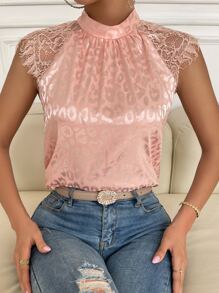 Chiquease Leopard Jacquard Contrast Eyelash Lace Tie Back Satin Blouse - Dusty Pink - View 6