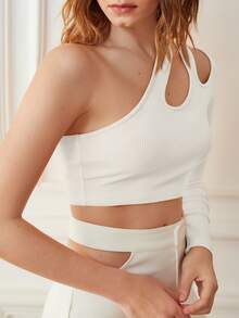 SHEIN 熒光橙單肩鏤空細節上衣 - 白色 - 查看 4