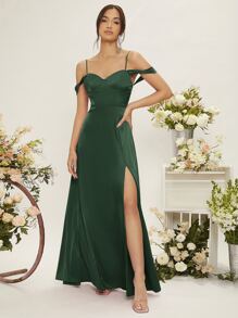SHEIN Vestido de dama de honor de hombros descubiertos de muslo con abertura - Verde Oscuro - Ver 1