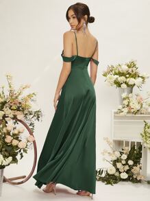 SHEIN Vestido de dama de honor de hombros descubiertos de muslo con abertura - Verde Oscuro - Ver 2