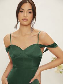 SHEIN Vestido de dama de honor de hombros descubiertos de muslo con abertura - Verde Oscuro - Ver 3