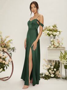 SHEIN Vestido de dama de honor de hombros descubiertos de muslo con abertura - Verde Oscuro - Ver 5