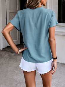 Blusa de manga murciélago fruncido con cordón delantero - Azul Cadete - Ver 2