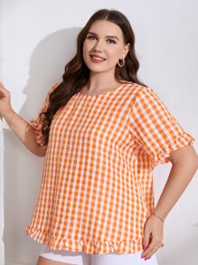 SHEIN LUNE 大碼雙色格子木耳褶皺邊荷葉袖襯衫 - 橘色 - 查看 3