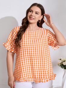 SHEIN LUNE 大碼雙色格子木耳褶皺邊荷葉袖襯衫 - 橘色 - 查看 4