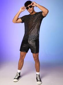 FeverCity Men T-Shirts Fit Crew Neck Short Sleeve Sexy Party Tops Summer See Through Top