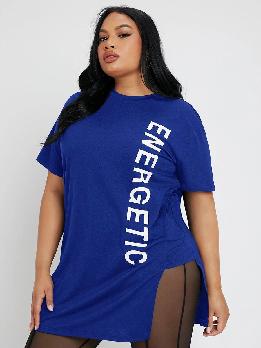 SHEIN SXY Plus Letter Graphic Split Hem Tee - Royal Blue - View 1
