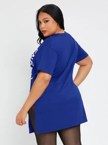 SHEIN SXY Plus Letter Graphic Split Hem Tee - Royal Blue - View 2