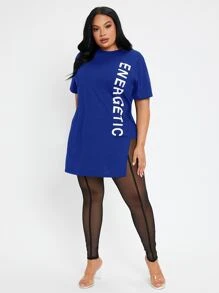 SHEIN SXY Plus Letter Graphic Split Hem Tee - Royal Blue - View 4