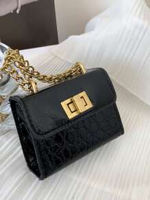 Mini Embossed Detail Twist Lock Flap Square Bag - Black - View 2