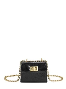 Mini Embossed Detail Twist Lock Flap Square Bag - Black - View 8