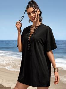 Muchica Đầm Ren lên Thùa khuyết màu trơn Giải trí - màu đen - Xem 5