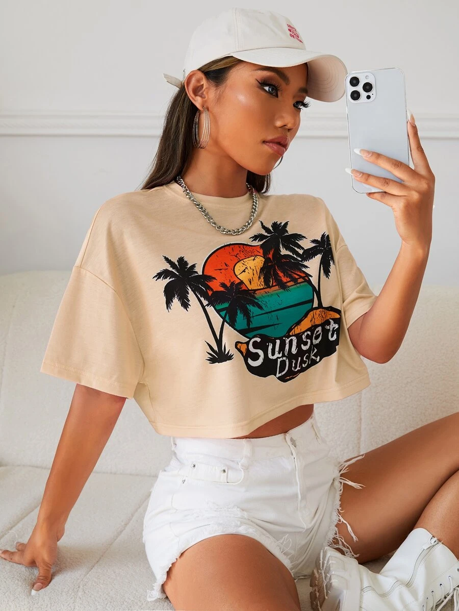 SHEIN EZwear Áo thun nữ Lá thư Nhiệt đới Giải trí - Màu be - Xem 1