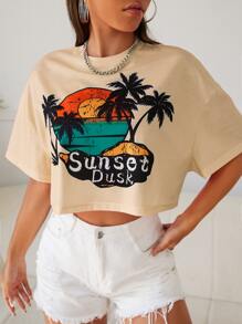 SHEIN EZwear Camiseta de hombros caídos con estampado de letra