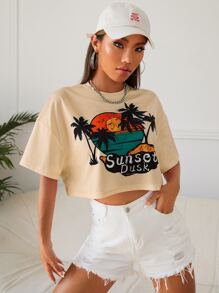 SHEIN EZwear Camiseta de hombros caídos con estampado de letra