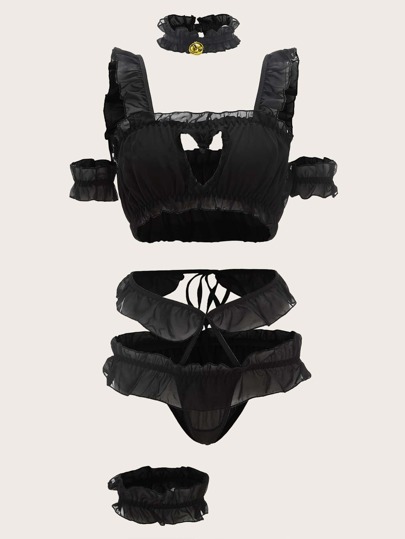 Kawaii طقم ملابس داخلي مقلم مكشكش مقصوص مع قلادة