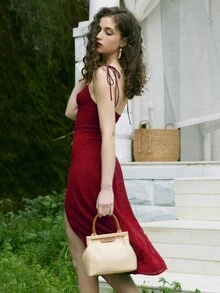 肩上打結高開叉後背打褶吊帶連衣裙 - 酒紅色 - 查看 3