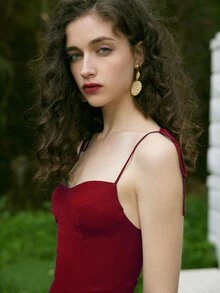 肩上打結高開叉後背打褶吊帶連衣裙 - 酒紅色 - 查看 6