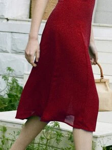 肩上打結高開叉後背打褶吊帶連衣裙 - 酒紅色 - 查看 7