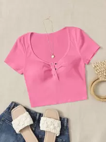 SHEIN EZwear 按鈕半開門襟T恤 - 粉色 - 查看 1