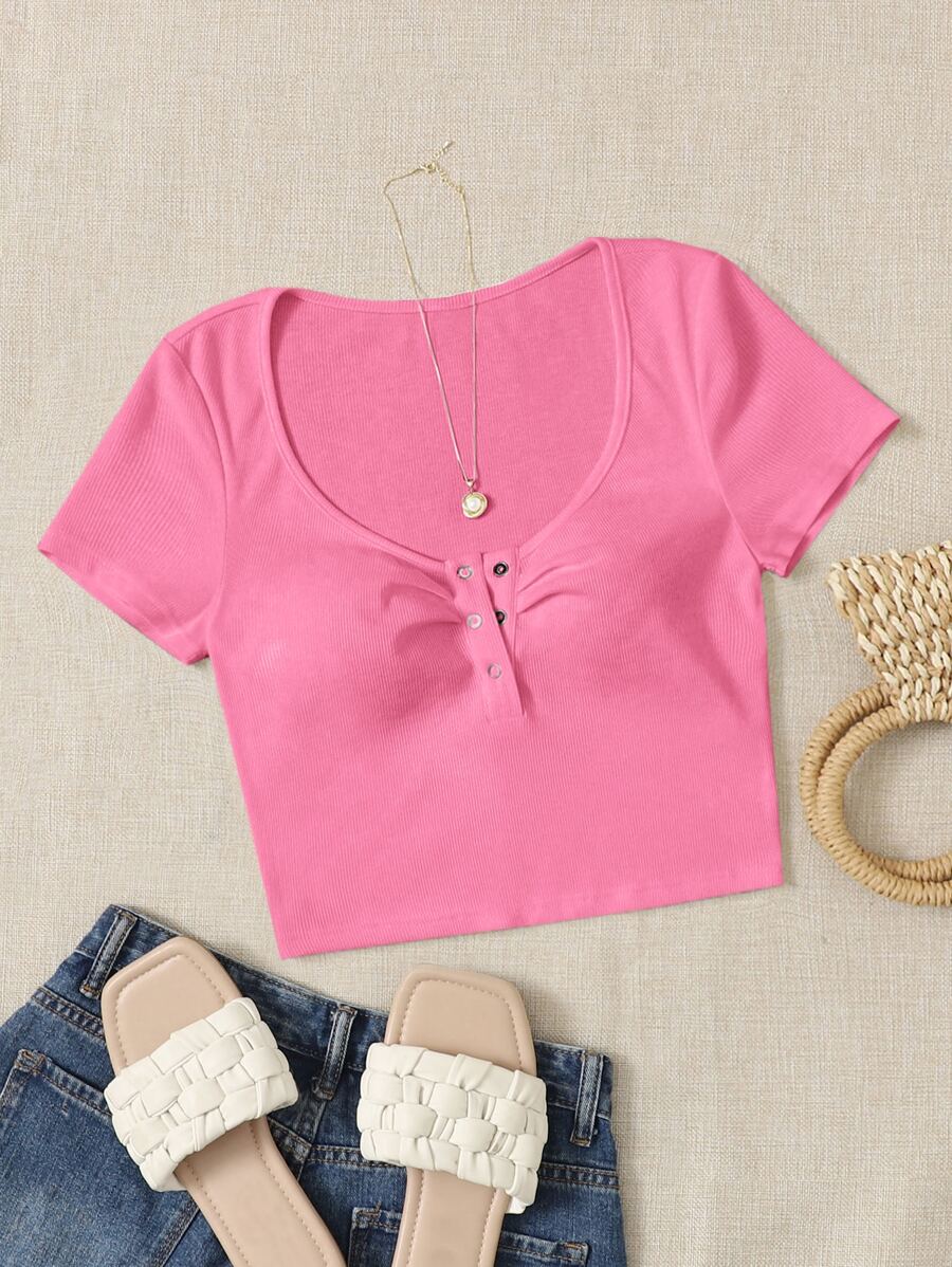 SHEIN EZwear 按鈕半開門襟T恤 - 粉色 - 查看 1