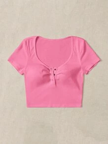 SHEIN EZwear 按鈕半開門襟T恤 - 粉色 - 查看 3